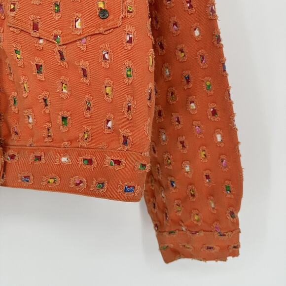 Via Via Couture Denim Jacket XL Orange Trucker Embroidered Textured Boho Retro - Picture 3 of 12